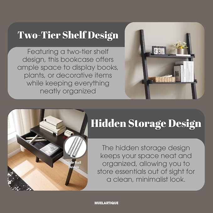 Ladder Desk with Drawer and Shelves Modern Home Office Desk with Bookcase Design Compact Writing Table Workspace for Small Spaces Handleless Design
