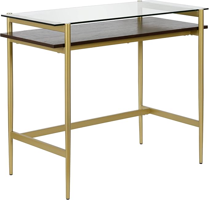 Henn&ampHart 36 Mid-Century Modern Rectangular Glass Home Office Desk Computer Desk Writing Table with Open Lower Storage Shelf for Home Office Gold/Amber Brown