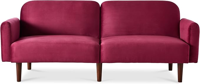 Best Choice Products 77 Mid Century Modern Velvet Loveseat Sofa Couch Convertible Sofa Sleeper Bed w/Real Wood Removable Armrest - Raspberry