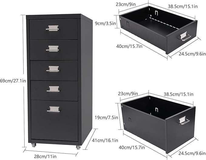 5 Drawer File Storage Cabinet Black Side Storage Organizer Office Filing Cabinet Stand Freestanding Storages Drawer Rolling Storage Dresser with Wheels11 * 16.1 * 27.1in