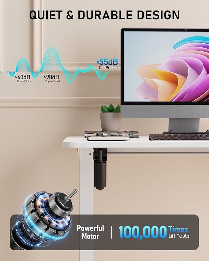 Standing Desk Large Height Adjustable Electric Stand up Desk 63 x 24 Inches Sit Stand Home Office Desk with Splice Board White Frame/White Top