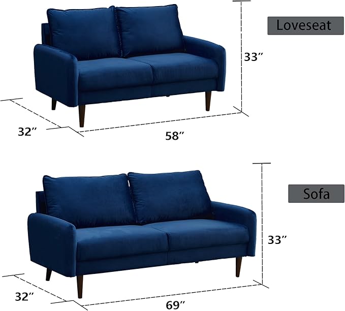 INSTORY Velvet Sofa Mid-Century Modern Couch with Wooden Legs for Living Room - Space Blue