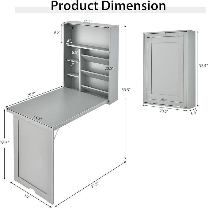 Wall Mounted Desk Wood Collapsible Floating Desk Convertible Computer Desk with Storage Area Hanging Fold Out Table for Home Office Small Spaces (Grey)