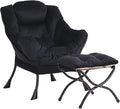 Lazy Chair and Ottoman Black Velvet Large Accent Chair with a Side Pocket Modern Leisure Upholstered Sofa Reading Armchair with Footrest for Office Bedroom Living Room Dorm Rooms Balcony