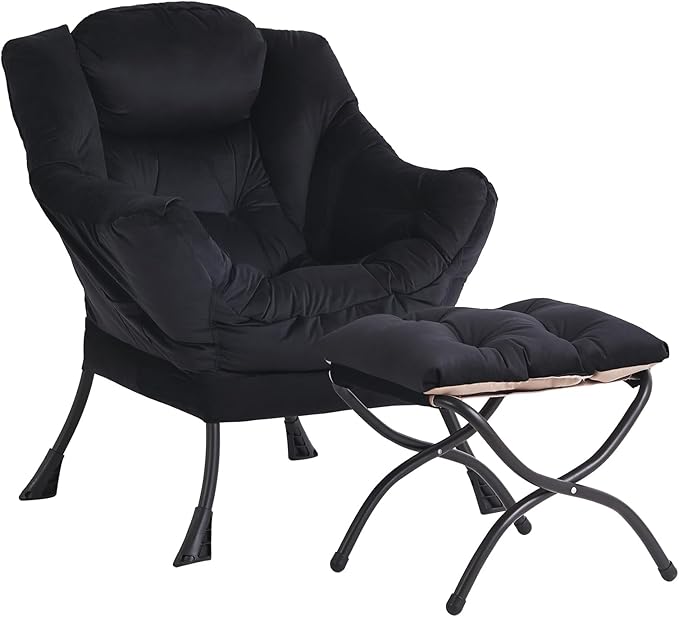 Lazy Chair and Ottoman Black Velvet Large Accent Chair with a Side Pocket Modern Leisure Upholstered Sofa Reading Armchair with Footrest for Office Bedroom Living Room Dorm Rooms Balcony
