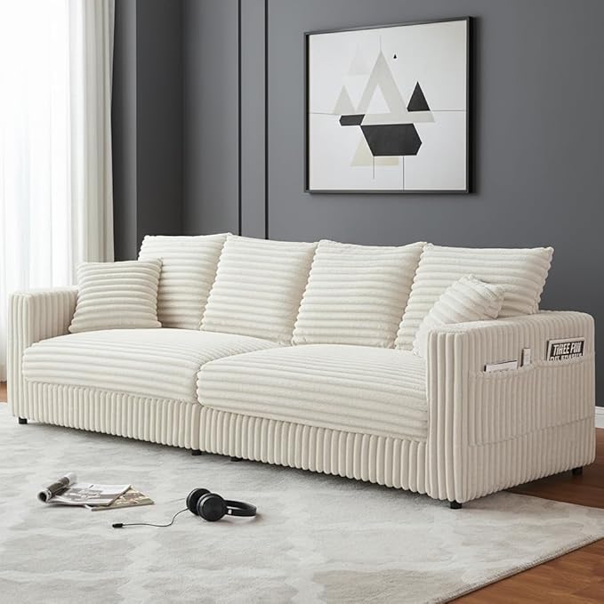 96.8'' Oversized Cloud Couch 4 Deep Seats Modular Sectional Sofa with Cup Holders &amp Storage Plush Corduroy Upholstered Memory Foam Couches for Living Room Apartment Office (Beige)