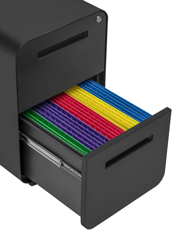 Laura Davidson Furniture Stockpile 2 Drawer Mobile File Cabinet with Lock - Under Desk Metal Filing Cabinet Legal/Letter File Folders Wheels and Stationary Feet Pre-Assembled Black