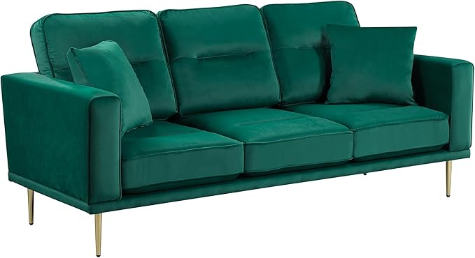 Lexicon Velvet Sofa Couch Modern Couches Metal Seat Base Metal Legs with Gold-Tone Finish 82 inch Sofa with 2 Throw Pillows 3 Seater Couches for Living Room Bedroom Apartment Green