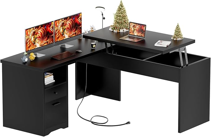 Unikito L Shaped Desk with Lift Top and Drawers Large Office Desk with Power Outlets and USB Charging Ports Sturdy Corner Computer Desk Writing Table with Storage L Shape Standing Desk Black