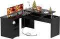 Unikito L Shaped Desk with Lift Top and Drawers Large Office Desk with Power Outlets and USB Charging Ports Sturdy Corner Computer Desk Writing Table with Storage L Shape Standing Desk Black