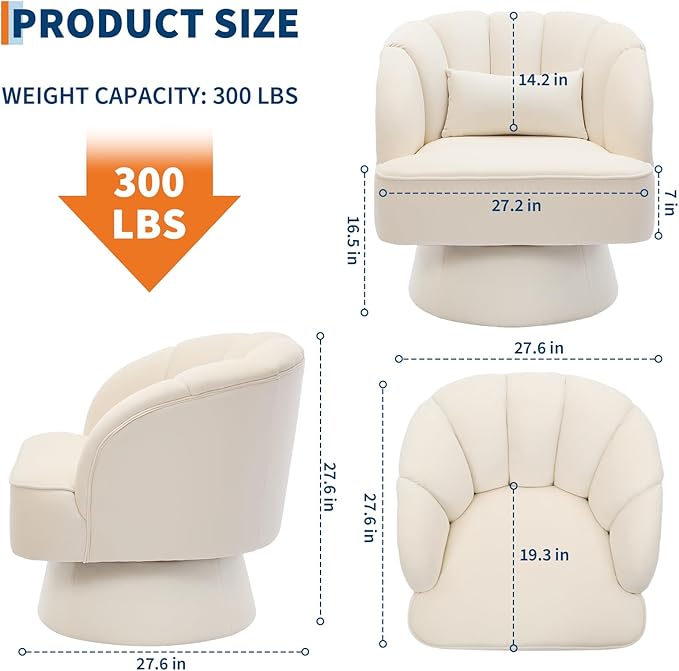 Swivel Barrel Chair - Teddy Bear Velvet Upholstered Modern Armchair with Striped Backrest &amp Plush Padding Round Lounge Chair for Living Room Bedroom Small Spaces Beige - (2 Pcs)