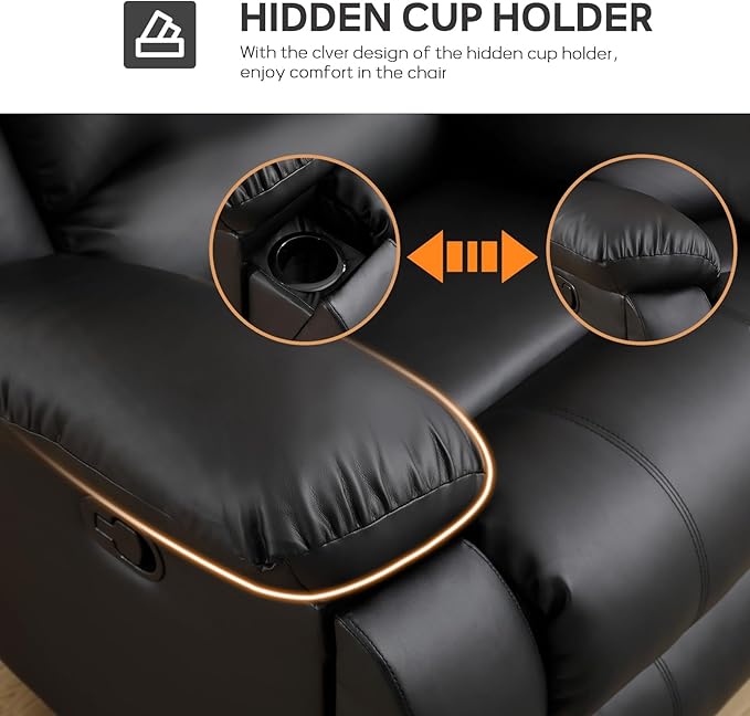 EBELLO Faux Leather Manual Reclining Sofa with 2 Concealed Cup Holders Overstuffed Armrest 3 Seat Recliner Sofa Couch for Living Room Meeting Room Bedroom Black
