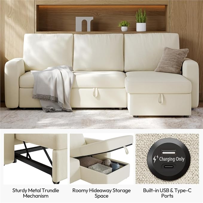 Yaheetech Sectional Sofa L-Shaped Sofa Couch Bed w/Chaise &amp USB Reversible Couch Sleeper w/Pull Out Bed &amp Storage Space Living Room Beige