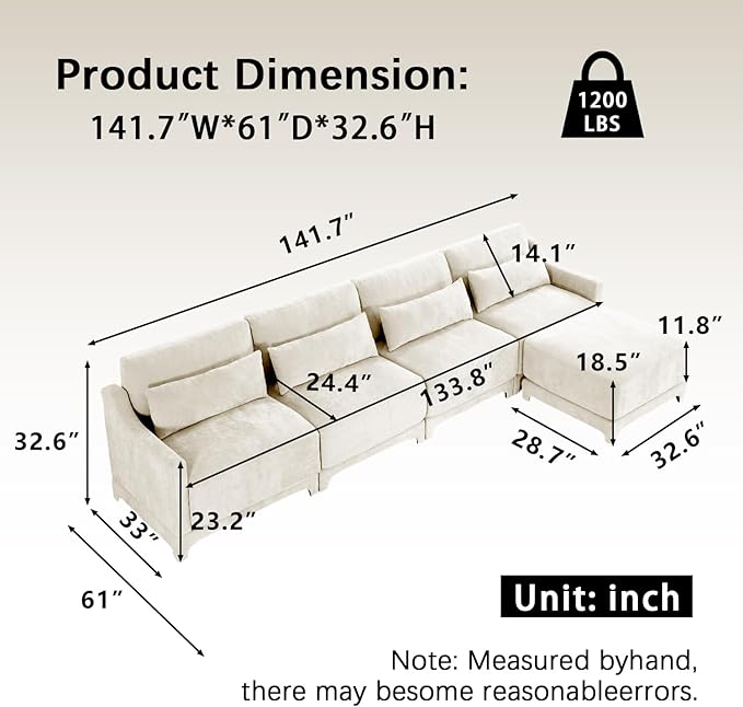 Modular Sectional Sofa Set Optional 2-4 Seater with Lumbar Pillows &amp 0-2 Ottomans Chenille Fabric Ergonomic Easy Assembly for Living Room/Bedroom/Reading Nook (4 Seat + 1 OttomanBeige)