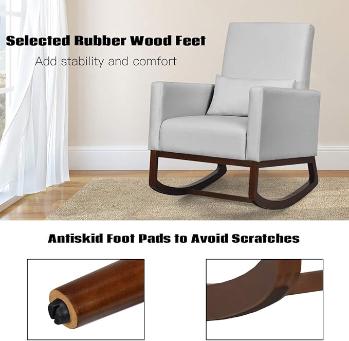 Giantex Upholstered Rocking Chair Modern High Back Armchair Comfortable Rocker with Fabric Padded Seat Waist Pillow and Wood Base Accent Chair for Nursery Living Room Bedroom Office Sliver
