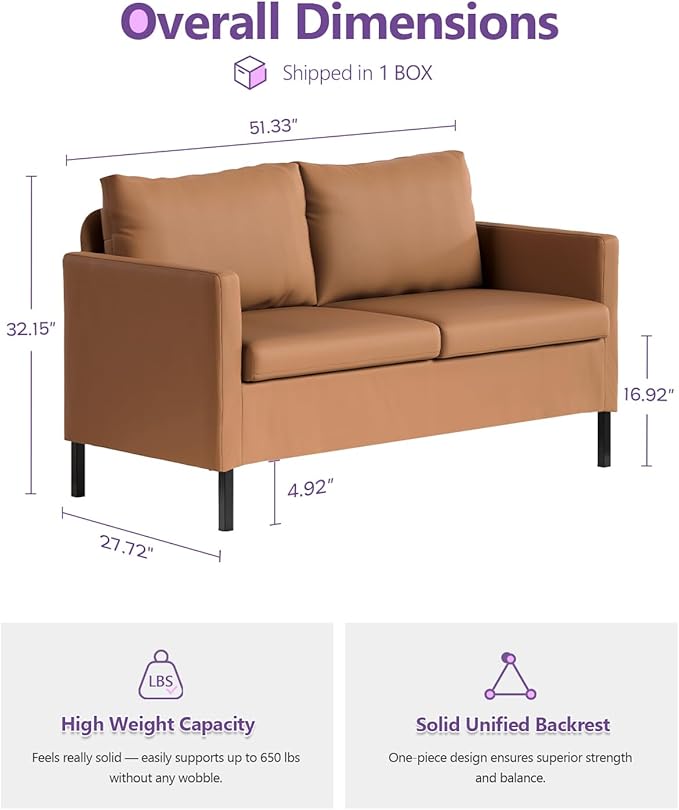 TYBOATLE Modern Faux Leather Small Couches for Small Spaces Comfy Upholstered Brown Love Seat for Dorm 2 Seater Mini Couch for Bedroom Apartment Office Brown