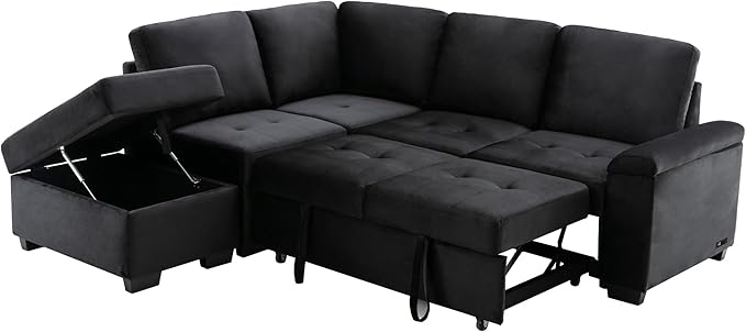 Flieks L-Shape Sleeper Sectional Sofa Bed with Storage Ottoman &amp Hidden Arm Storage 85Inch Sectional Corner Couch Sofa-Bed for Living Room Apartment