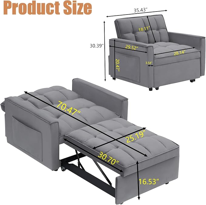 3 in 1 Convertible Sleeper Chair Modern Pull Out Couch Bed Single Recliner with Adjustable Back Velvet Futon Folding Sofa Bed Chair for Living Room Bedroom Small Spaces (Gray-1)