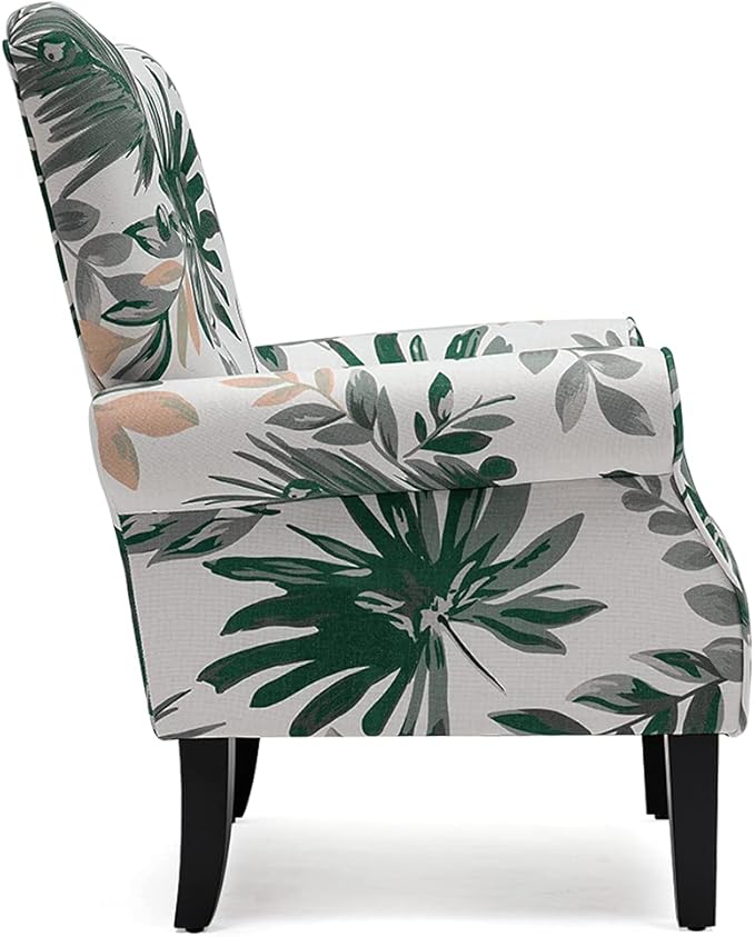 MELLCOM Mid Century Wingback Arm ChairModern Upholstered Fabric High Back Accent Chair with Wood LegsUpholstered Single Sofa Club Chair for Living Room Bedroom Home Office Green Leaves