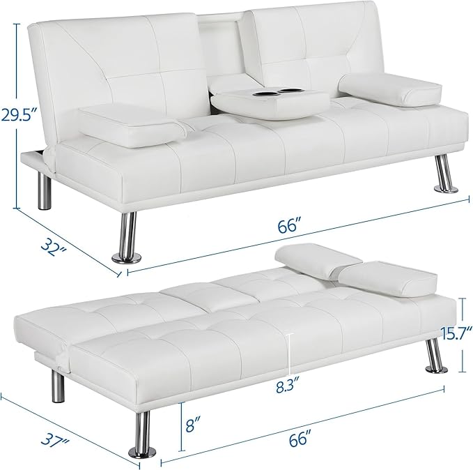 Futon Sofa Bed Modern Folding Couch for Small Space Faux Leather Convertible Loveseat Sleeper Bed Daybed Recliner Lounge Sofas for Living Room2 Cup HoldersMetal LegsRemovable Armrests (White)