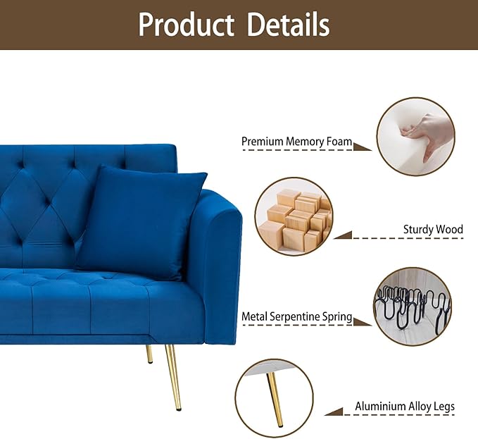 71 Velvet Futon Sofa Bed Convertible Sleeper Couch with 2 Pillows - Modern Loveseat Small Sofa 3-Angle Adjustable Backrest Golden Metal Legs for Living Room Bedroom Apartment Easy Assembly (Blue)