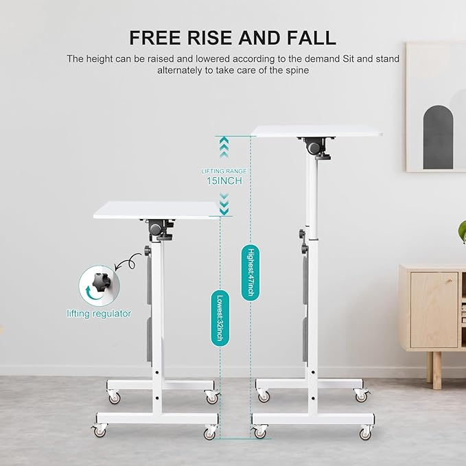 KOUPA Adjustable Height Standing Desk Writable Tempered Glass Desktop with Eraser 360° Flip Wheels and Bag– Ideal for Small Spaces and Home Offices 24 in White(Adjustable Height: 32-47 in)