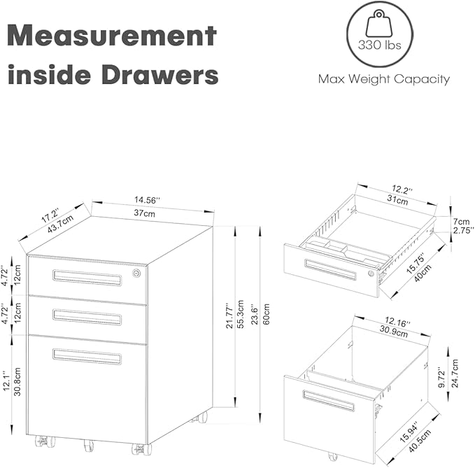 Dripex 3 Drawer File Cabinet Mobile File Cabinet with Lock on Wheels Letter/Legal Size Fully Assembled Modern Small Short Vertical Metal Rolling Filing Cabinets Under Desk for Home Office (Black)