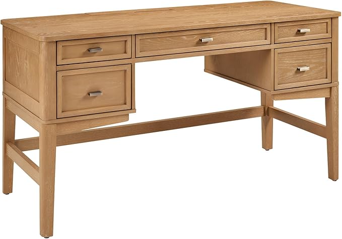 HULALA HOME 56 Home Office Desk with 5 Drawers and Hidden Compartment Drawer Mid-Century Modern Computer Desk with Solid Wood Legs Executive Desk for Work Study Writing Oak