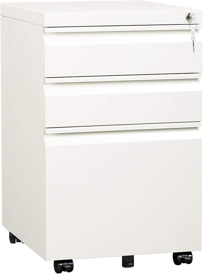 DEVAISE 3 Drawer Mobile File Cabinet with Lock Under Desk Metal Filing Cabinet for Home Office/Legal/Letter/A4 File Fully Assembled Except Wheels White