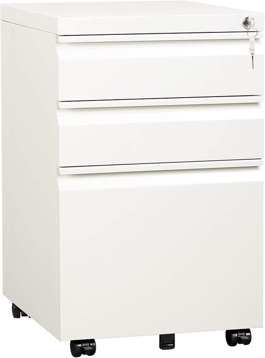 DEVAISE 3 Drawer Mobile File Cabinet with Lock Under Desk Metal Filing Cabinet for Home Office/Legal/Letter/A4 File Fully Assembled Except Wheels White