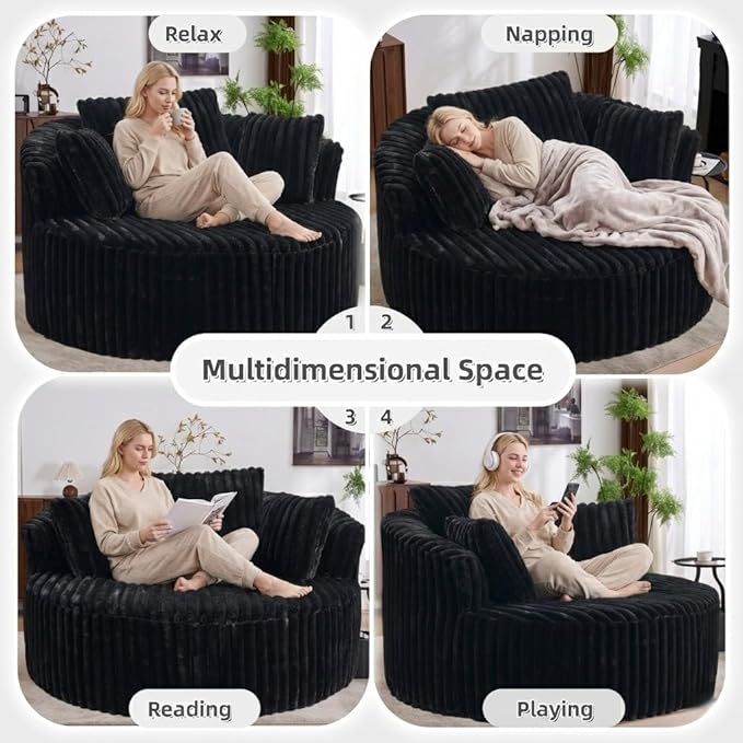 Oversized Upholstered Chaise Lounge Chair Indoor Corduroy Deep Seat Accent Chair Plush Boneless Barrel Sofa Chair for Living Room Bedroom Apartment (Black 57 Inch)