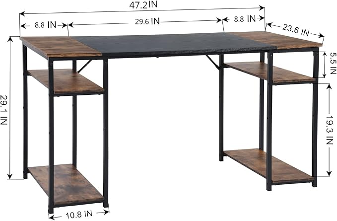 FurnitureR Home Office Desk Wood Top L47.2 Contemporary Writing Table with 4 Storage Shelves for Home Office Study Living Room Computer Desk Brown&ampBlack