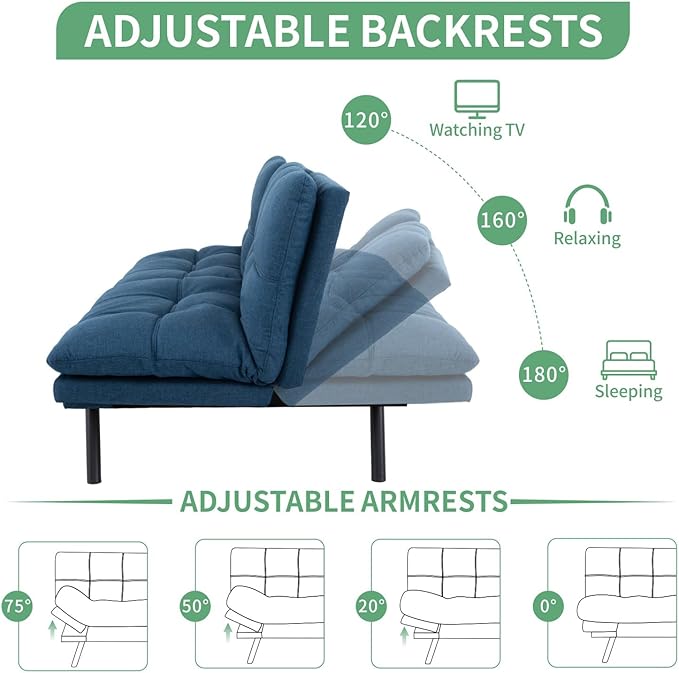 MUUEGM 71 Futon Sofa Bed Convertible Couch Bed Modern Loveseat with Adjustable Backrest&ampArmrest Sofas for Living RoomGame RoomDormitoryOffice.Blue Fabric