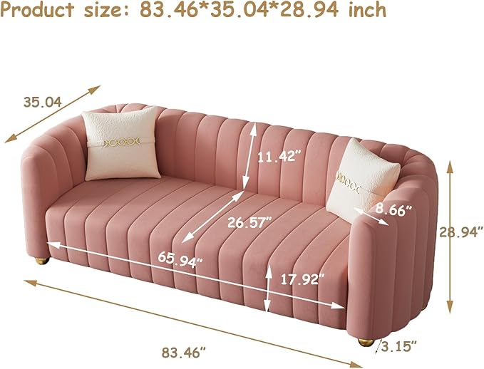 Modern Velvet Loveseat Sofa Couch for Living Room 84 Comfy Upholstered 3 Seater Sofa Couch with Gold Metal Legs &amp 2 Pillows Luxury Sectional Sofa for Bedroom Office Apartment Pink