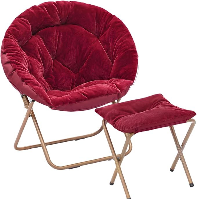 Magshion Folding Saucer Chair for Adults with Ottoman Circle Reading Chair for Bedroom Living Room &amp Dorm Furry Comfy Accent Seat with Metal Leg &amp Thick Padded for Small Spaces (Burgundy 1