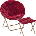 Magshion Folding Saucer Chair for Adults with Ottoman Circle Reading Chair for Bedroom Living Room &amp Dorm Furry Comfy Accent Seat with Metal Leg &amp Thick Padded for Small Spaces (Burgundy 1
