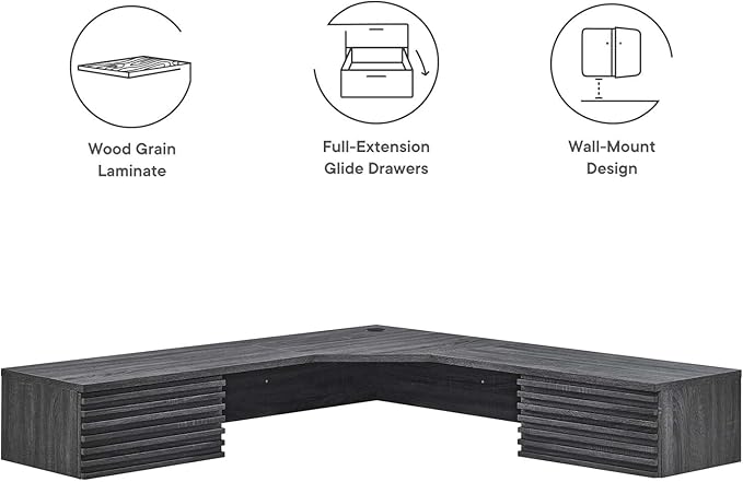 Modway EEI-6181-CHA Render Wall Mount Corner Office Desk Charcoal