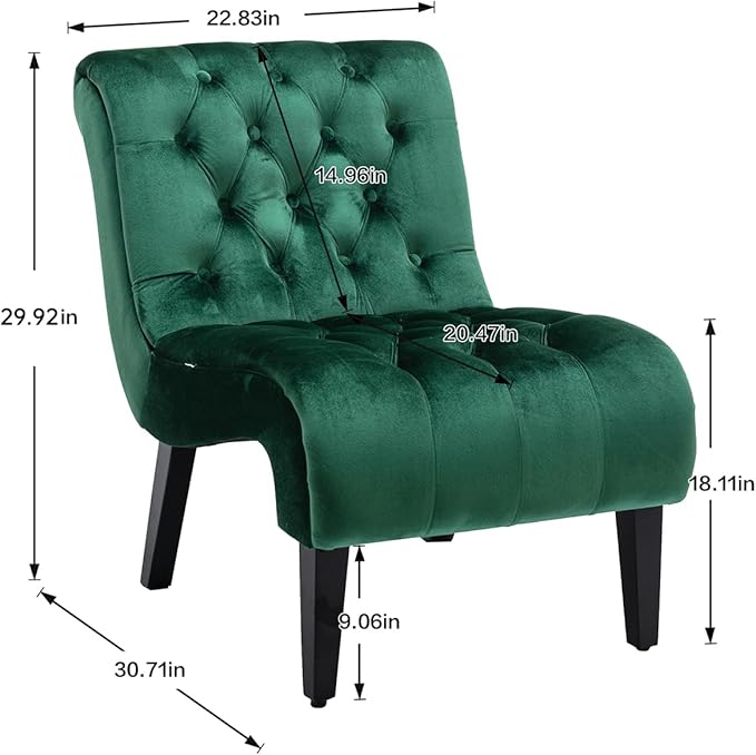 Green Velvet Armless Accent Chair Set of 2 Upholstered with Tufted Back and Rolled Edge Design Comfy Reading Chair with Solid Wooden Legs Easy Assembly