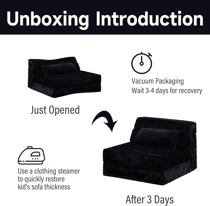 Tiita Convertible Folding Kids Sofa Bed with Pillow &amp Storage Bag Plush Fabric Floor Mattress Couch Bed Washable Cover Kids Room Playroom Dorm Apartment Black