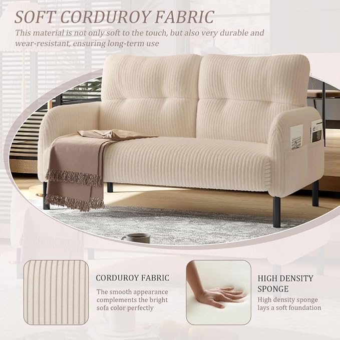 48 Small Loveseat Sofa for Small Space Corduroy Love Seat Couches with Black LegsComfy Couchs for Living Room Bedroom Apartment OfficeMid Century Modern Couch (Beige)