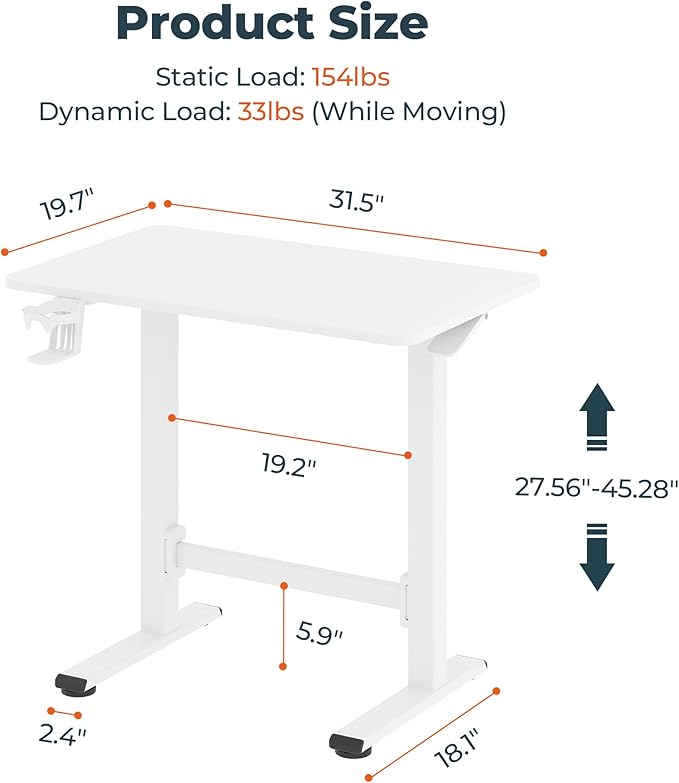 Small Small Pneumatic Adjustable Stand Up Desk Rolling One-Piece Standing Desk 31.5 x 19.7 Inch Home Office Desk Computer Workstation White