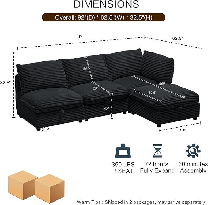 92 Modular Sectional 4 Seater Sofa with Removable Covers and Storage Convertible L-Shaped and Sleeper Sectional Modern Corduroy Couches with Ottoman Chaise for Living Room Apartment Black