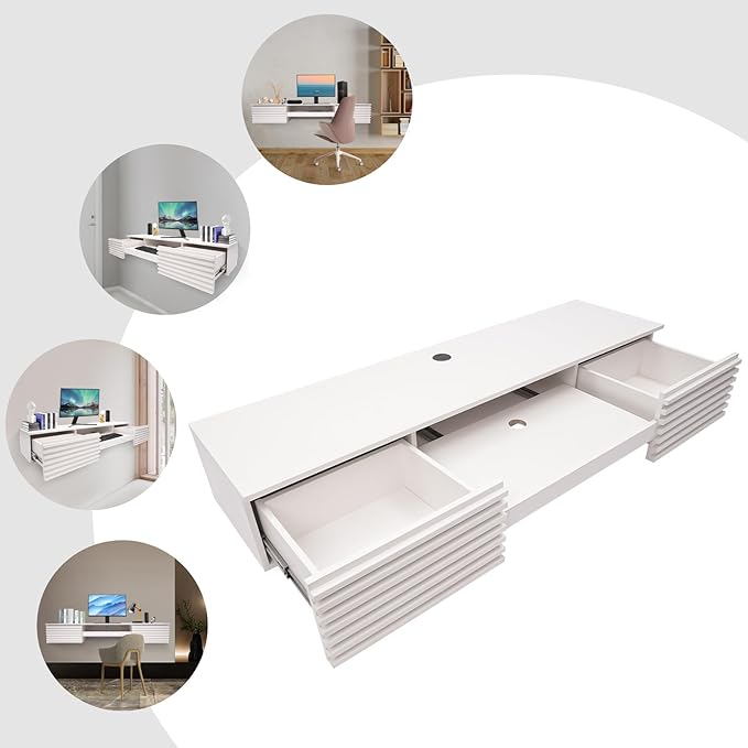 Wall Mounted Desk Floating Computer Desk with 2 Pull Out Drawers Wall Mount Office Desk Wall Mount Table Laptop Computer Writing Study Table for Living Room Bedroom Office (White)