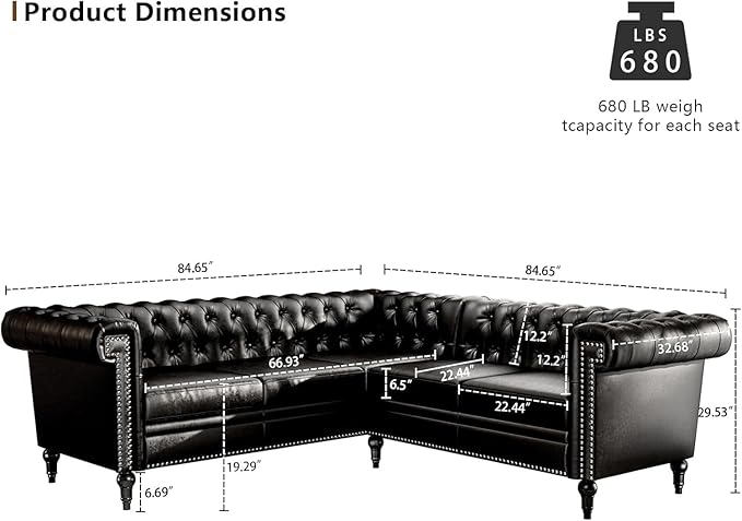 85 Chesterfield Sectional Sofa L Shaped Convertible Faux Leather Couch with Tufted Nailhead &amp Rolled Arms 5-Seater leather sectional couches for living room Apartment Office Classic Black