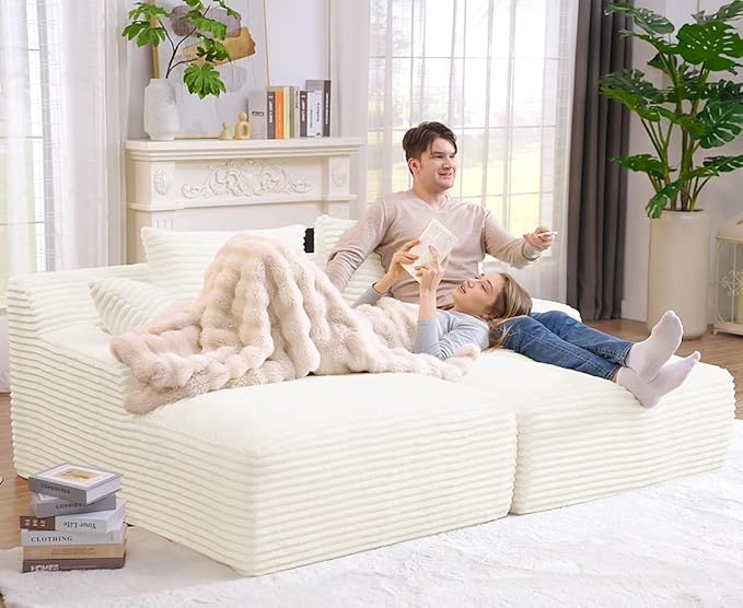 Oversized Double Chaise Lounge Chair IndoorWide Corduroy Boneless Chaise Lounges Sofa Comfy Upholstered Sectional Cloud Couch No Assembly Required Loveseat Sleeper Chair Bed for Living Room (White)