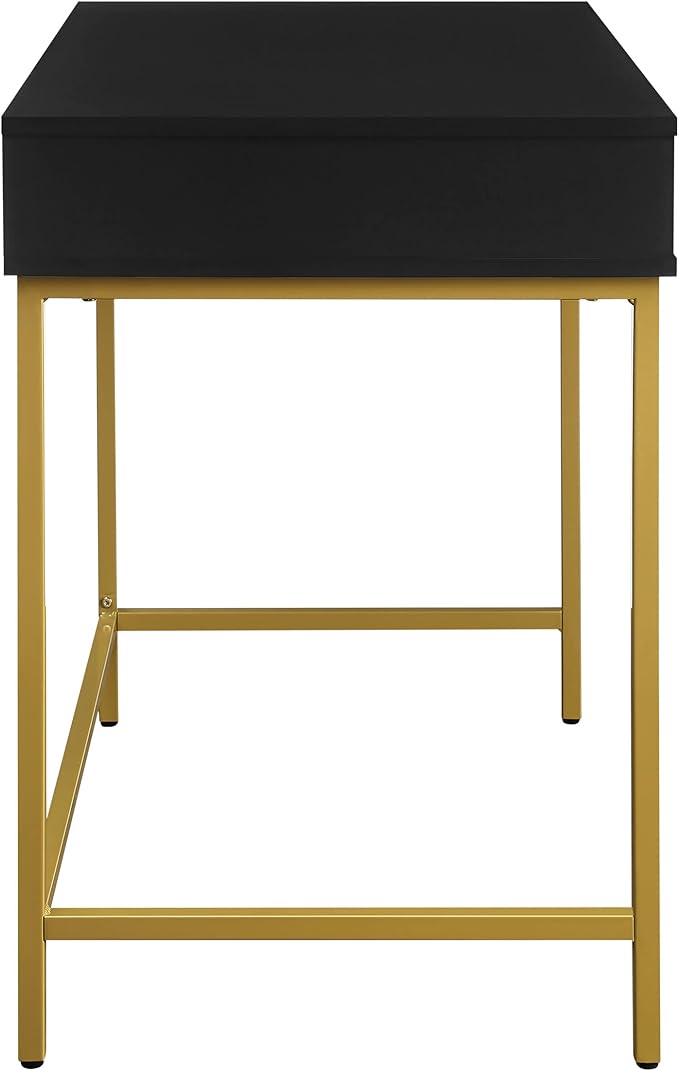 OSP Home Furnishings Modern Life Contemporary Writing Desk with Large Drawer and Gold Metal Legs Black Finish