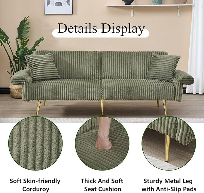 Green 79 Convertible Futon Sofa Bed with Adjustable Backrest &amp Armrests Modern Corduroy Folding Loveseat Sleeper Couches with Two Soft Pillows for Living Room Apartment Office (Green)