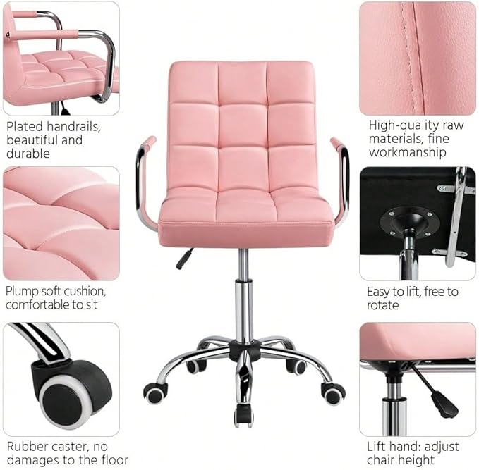 Butterslay Mid-Back PU Leather Office Chair with Armrests 360° Swivel Rolling Height Adjustable Desk Chair with Lumbar Support for Home Office Bedroom White/Pink/Brown/Retro Brown (Pink)