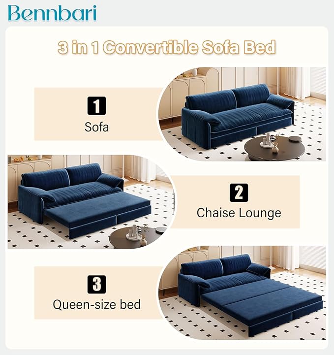 66'' Queen Pull Out Sofa Bed with Thickened Cushions 3-in-1 Convertible Velvet Sleeper Couch with Side Storage Loveseat Futon Lounge Recliner for Living Room Apartment Bedroom Small Space (Blue)