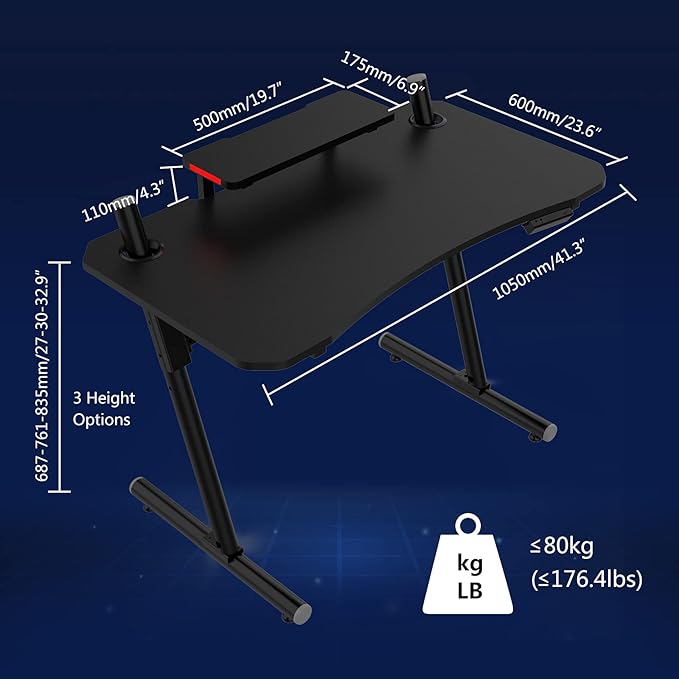 Modern-Depo Computer Gaming Desk with LED Lights Monitor Stand Shelf 41 Inch Adjustable PC Table Workstation Black